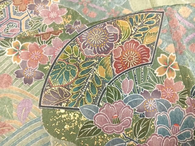 平和屋着物●訪問着　扇面吉祥花文　金彩　正絹　逸品　AABN3074ph