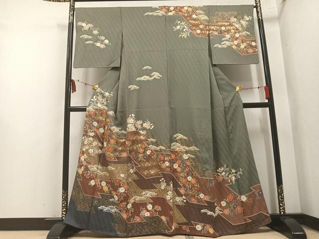 平和屋着物●訪問着　駒刺繍　吉祥花唐草文　金彩　正絹　逸品　AABN3075ph