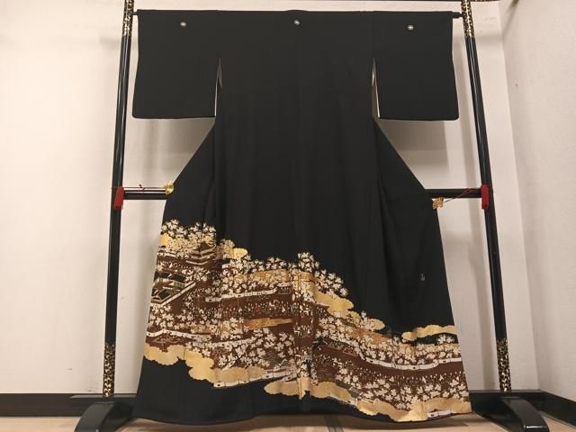 平和屋着物●松尾光琳　黒留袖　駒刺繍　人物風景桜文　金彩　正絹　逸品　AABN3092ph
