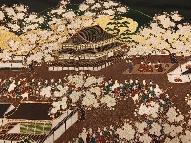 平和屋着物●松尾光琳　黒留袖　駒刺繍　人物風景桜文　金彩　正絹　逸品　AABN3092ph