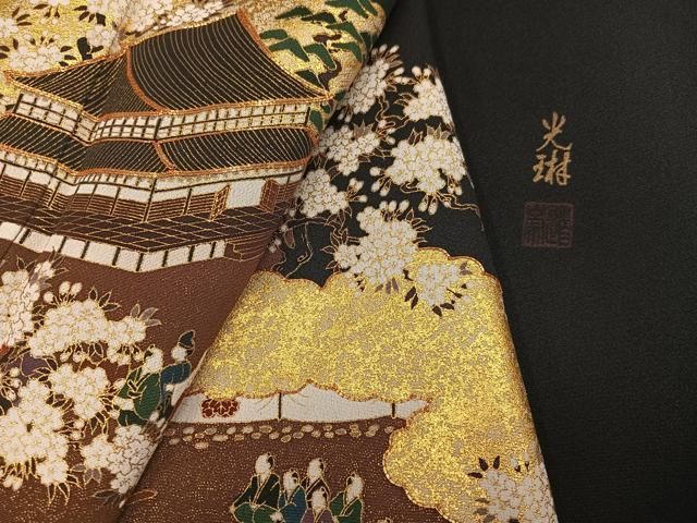 平和屋着物●松尾光琳　黒留袖　駒刺繍　人物風景桜文　金彩　正絹　逸品　AABN3092ph