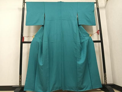平和屋着物●上質な色無地　幾何学地紋　錆浅葱色　正絹　逸品　AABN3105ph