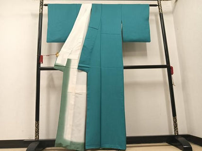平和屋着物●上質な色無地　幾何学地紋　錆浅葱色　正絹　逸品　AABN3105ph