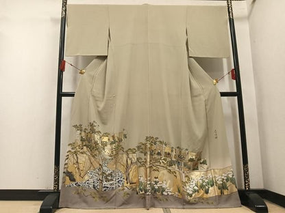 平和屋着物●螺鈿作家　甲斐泰造　色留訪問着　色紙人物草花文　金彩　正絹　逸品　AABN3110ph
