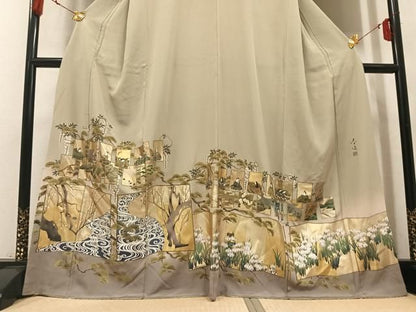 平和屋着物●螺鈿作家　甲斐泰造　色留訪問着　色紙人物草花文　金彩　正絹　逸品　AABN3110ph