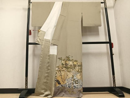 平和屋着物●螺鈿作家　甲斐泰造　色留訪問着　色紙人物草花文　金彩　正絹　逸品　AABN3110ph