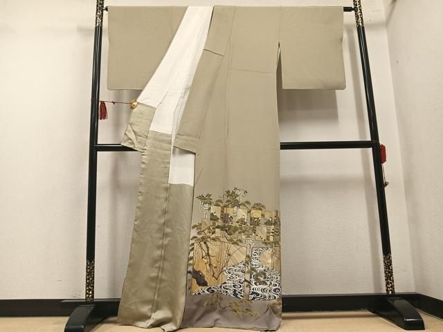 平和屋着物●螺鈿作家　甲斐泰造　色留訪問着　色紙人物草花文　金彩　正絹　逸品　AABN3110ph