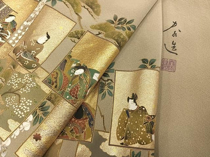 平和屋着物●螺鈿作家　甲斐泰造　色留訪問着　色紙人物草花文　金彩　正絹　逸品　AABN3110ph