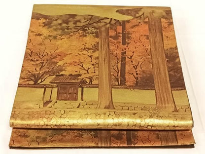 平和屋着物◎六通柄袋帯　風景文　金糸　正絹　逸品　AABN3124dk