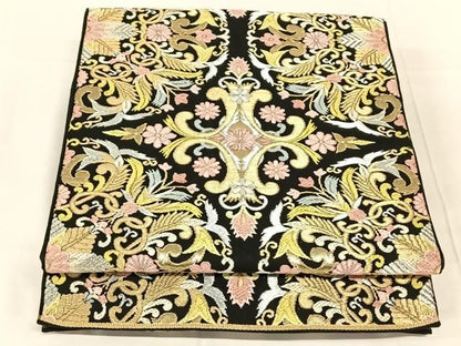 平和屋着物◎六通柄　本袋帯　唐織　花唐草文　黒地　金銀糸　正絹　逸品　AABN3125dk