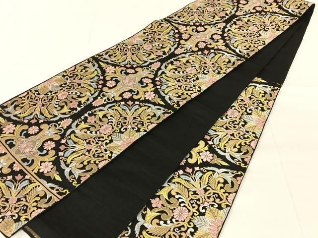 平和屋着物◎六通柄　本袋帯　唐織　花唐草文　黒地　金銀糸　正絹　逸品　AABN3125dk