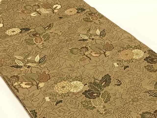 平和屋着物◎アンティーク　大正ロマン　丸帯　草花文　金糸　正絹　逸品　AABN3126dk
