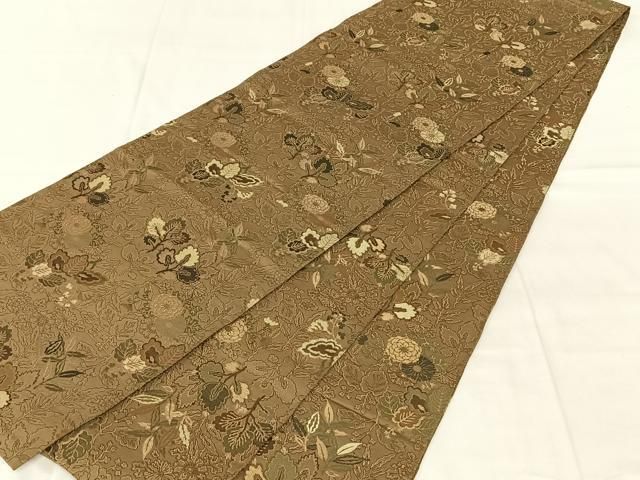 平和屋着物◎アンティーク　大正ロマン　丸帯　草花文　金糸　正絹　逸品　AABN3126dk