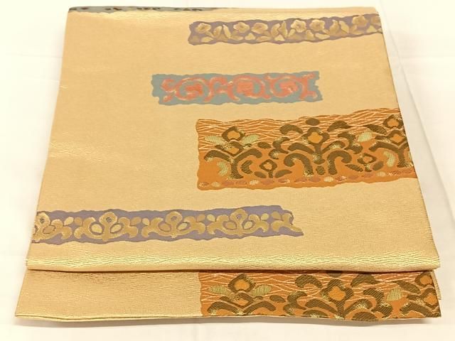 平和屋着物◎六通柄　京袋帯　幾何学花文　金糸　正絹　逸品　AABN3130dk
