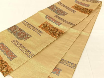 平和屋着物◎六通柄　京袋帯　幾何学花文　金糸　正絹　逸品　AABN3130dk