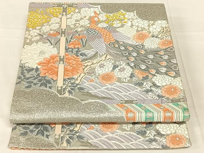 平和屋着物◎六通柄袋帯　唐織　孔雀花丸文　銀糸　正絹　逸品　AABN3131dk