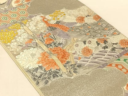 平和屋着物◎六通柄袋帯　唐織　孔雀花丸文　銀糸　正絹　逸品　AABN3131dk