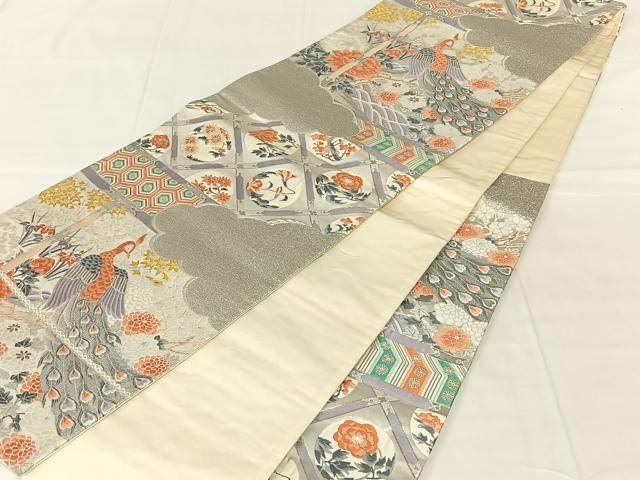 平和屋着物◎六通柄袋帯　唐織　孔雀花丸文　銀糸　正絹　逸品　AABN3131dk