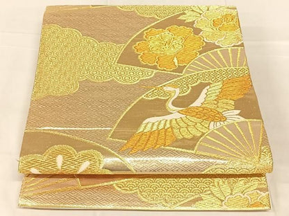 平和屋着物◎六通柄袋帯　扇面花鳥文　金糸　正絹　逸品　AABN3135dk