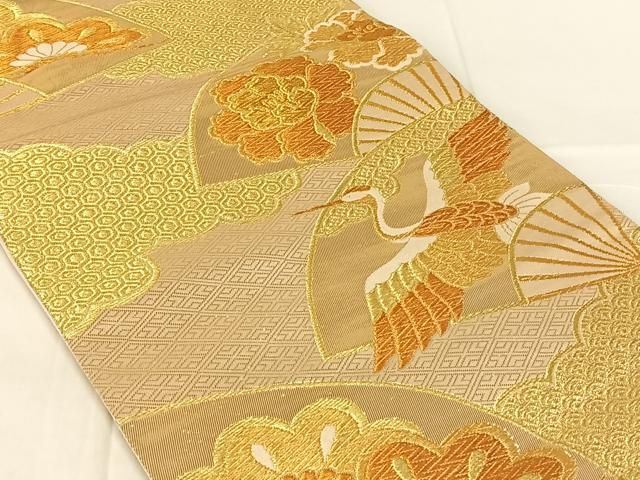 平和屋着物◎六通柄袋帯　扇面花鳥文　金糸　正絹　逸品　AABN3135dk