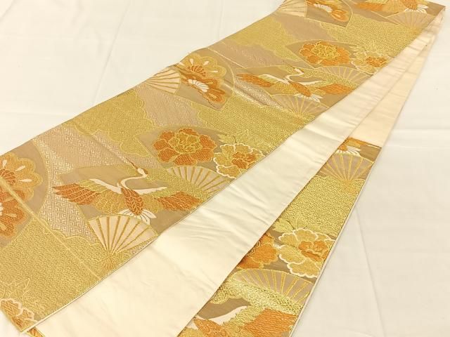 平和屋着物◎六通柄袋帯　扇面花鳥文　金糸　正絹　逸品　AABN3135dk