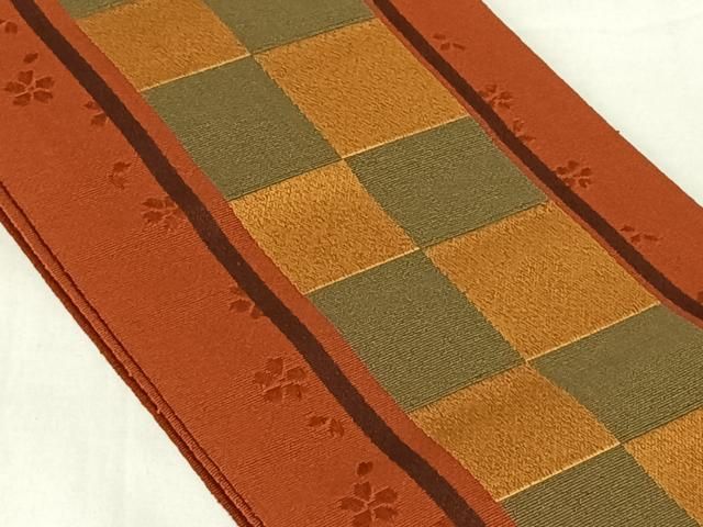 平和屋着物◎本場筑前博多織　半幅帯　花格子文　正絹　逸品　AABN3136dk