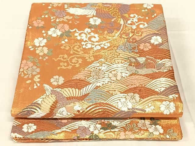 平和屋着物◎唐織佐賀錦　六通柄袋帯　瑞鳥桜花流波文　金糸　正絹　逸品　AABN3143dk