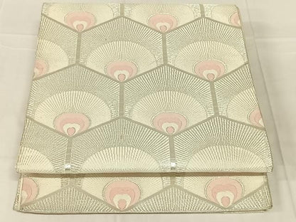 平和屋着物◎六通柄袋帯　亀甲孔雀羽文　銀糸　正絹　逸品　AABN3144dk