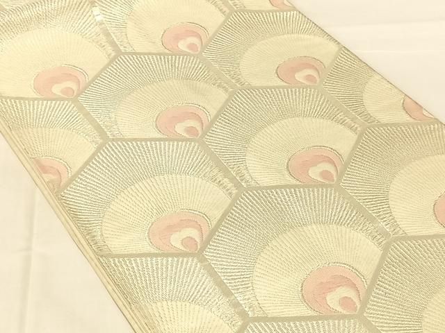平和屋着物◎六通柄袋帯　亀甲孔雀羽文　銀糸　正絹　逸品　AABN3144dk