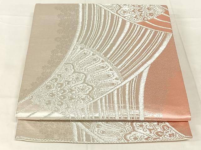 平和屋着物◎六通柄袋帯　扇面花文　銀糸　正絹　逸品　AABN3146dk