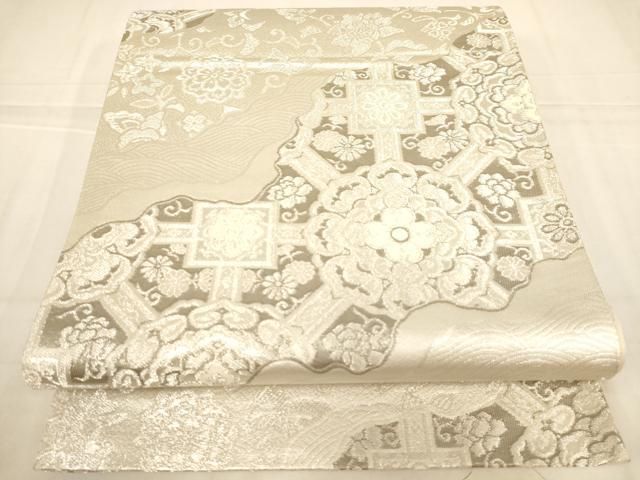 平和屋着物◎六通柄袋帯　プラチナ箔　二重織　蜀江花文　銀糸　正絹　逸品　AABN3245ps