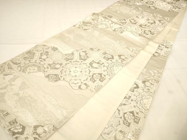 平和屋着物◎六通柄袋帯　プラチナ箔　二重織　蜀江花文　銀糸　正絹　逸品　AABN3245ps