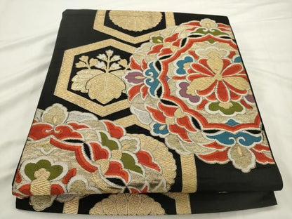 平和屋着物◎六通柄　本袋帯　唐織　亀甲花文　黒地　金銀糸　正絹　逸品　AABN3282ps