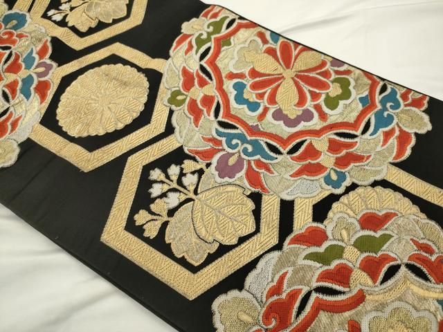 平和屋着物◎六通柄　本袋帯　唐織　亀甲花文　黒地　金銀糸　正絹　逸品　AABN3282ps