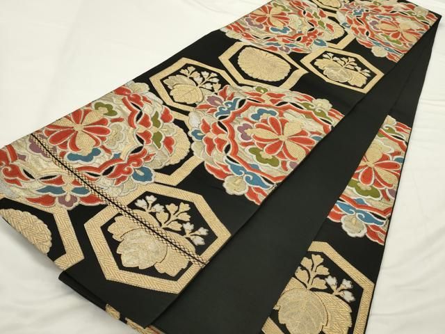 平和屋着物◎六通柄　本袋帯　唐織　亀甲花文　黒地　金銀糸　正絹　逸品　AABN3282ps