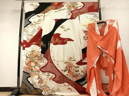平和屋着物●創業460年・千總　振袖　長襦袢(無双仕立て)セット　絞り　駒刺繍　御所車鴛鴦花文　金彩　正絹　逸品　AABN3565fy