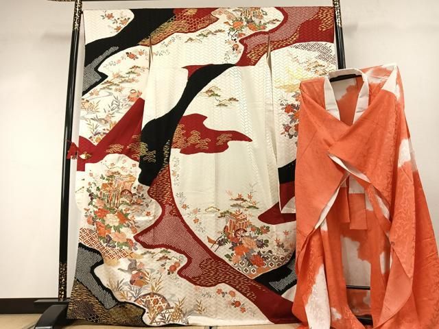 平和屋着物●創業460年・千總　振袖　長襦袢(無双仕立て)セット　絞り　駒刺繍　御所車鴛鴦花文　金彩　正絹　逸品　AABN3565fy