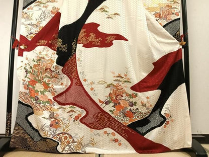 平和屋着物●創業460年・千總　振袖　長襦袢(無双仕立て)セット　絞り　駒刺繍　御所車鴛鴦花文　金彩　正絹　逸品　AABN3565fy