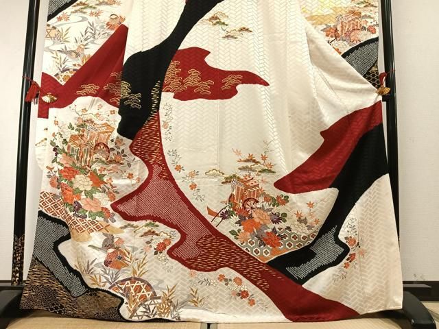 平和屋着物●創業460年・千總　振袖　長襦袢(無双仕立て)セット　絞り　駒刺繍　御所車鴛鴦花文　金彩　正絹　逸品　AABN3565fy