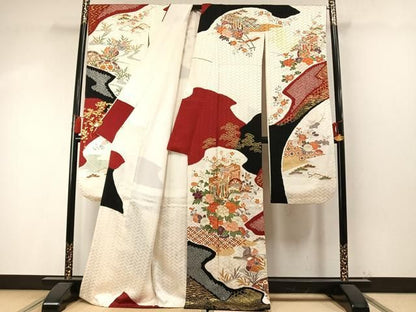 平和屋着物●創業460年・千總　振袖　長襦袢(無双仕立て)セット　絞り　駒刺繍　御所車鴛鴦花文　金彩　正絹　逸品　AABN3565fy