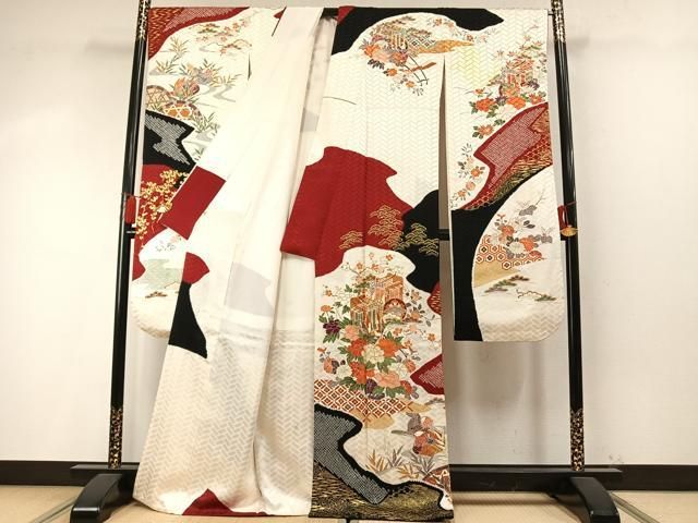 平和屋着物●創業460年・千總　振袖　長襦袢(無双仕立て)セット　絞り　駒刺繍　御所車鴛鴦花文　金彩　正絹　逸品　AABN3565fy