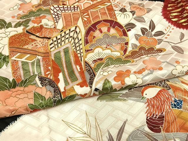 平和屋着物●創業460年・千總　振袖　長襦袢(無双仕立て)セット　絞り　駒刺繍　御所車鴛鴦花文　金彩　正絹　逸品　AABN3565fy