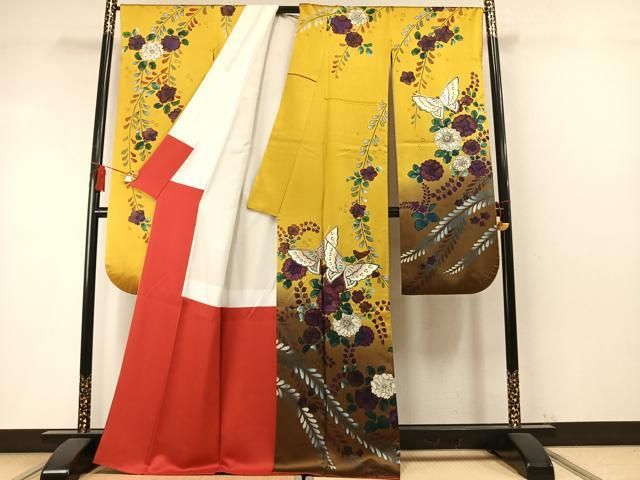 平和屋着物●豪華振袖　辻が花　舞蝶文　暈し染め　金銀彩　正絹　逸品　AABN3572fy