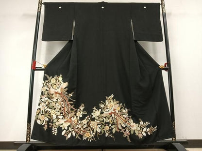 平和屋着物●豪華黒留袖　駒刺繍　鳳凰花文　金彩　正絹　逸品　AABN3592fy