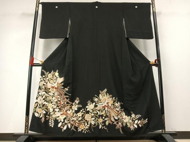 平和屋着物●豪華黒留袖　駒刺繍　鳳凰花文　金彩　正絹　逸品　AABN3592fy
