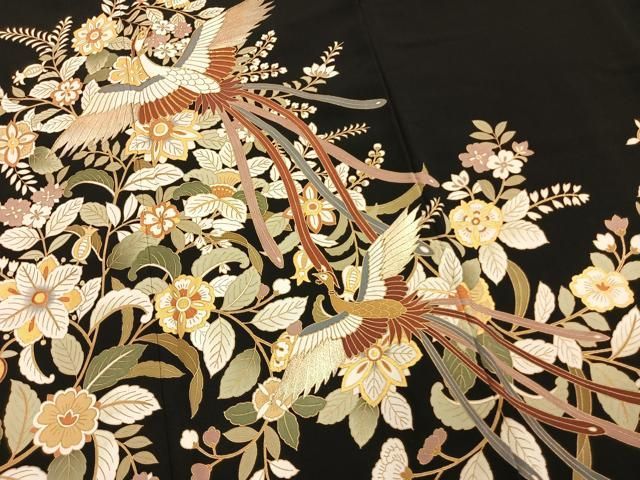 平和屋着物●豪華黒留袖　駒刺繍　鳳凰花文　金彩　正絹　逸品　AABN3592fy