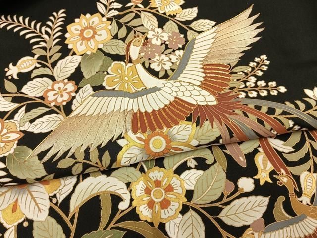 平和屋着物●豪華黒留袖　駒刺繍　鳳凰花文　金彩　正絹　逸品　AABN3592fy