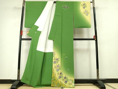 平和屋着物●染色作家　林川信夫　訪問着　刺繍　草花文　暈し染め　金糸　金彩　正絹　逸品　未使用　AABN3602fy