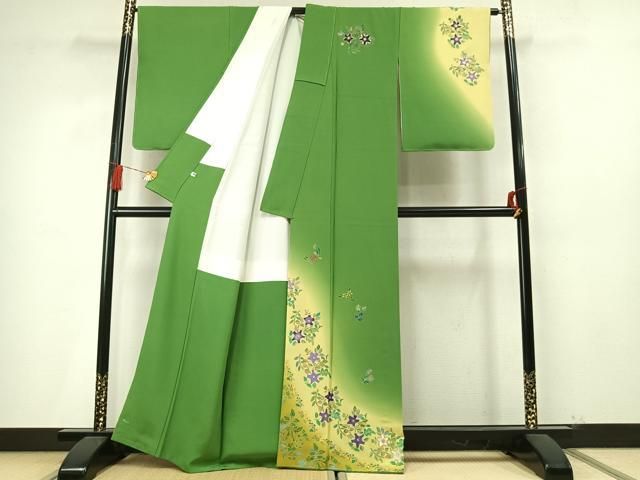 平和屋着物●染色作家　林川信夫　訪問着　刺繍　草花文　暈し染め　金糸　金彩　正絹　逸品　未使用　AABN3602fy