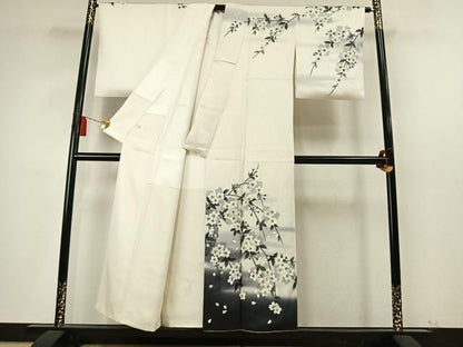 平和屋着物●訪問着　枝桜文　暈し染め　銀彩　銀通し地　正絹　逸品　AABN3607fy